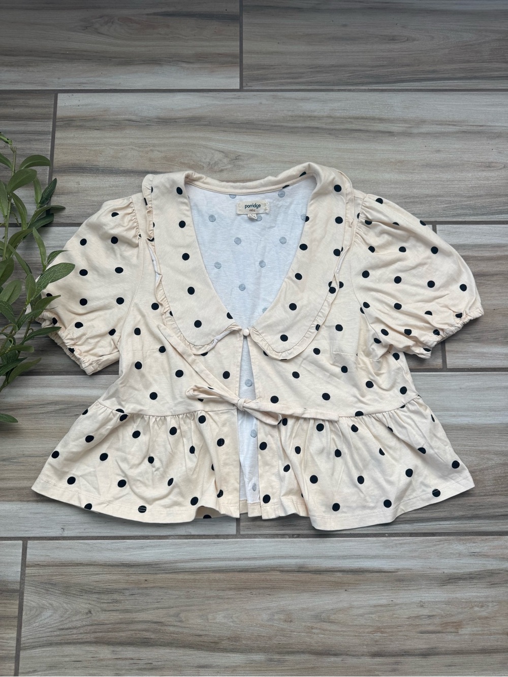 Anthropologie Porridge Gwen Polka Dot Peplum Top Large Peter Pan Collar